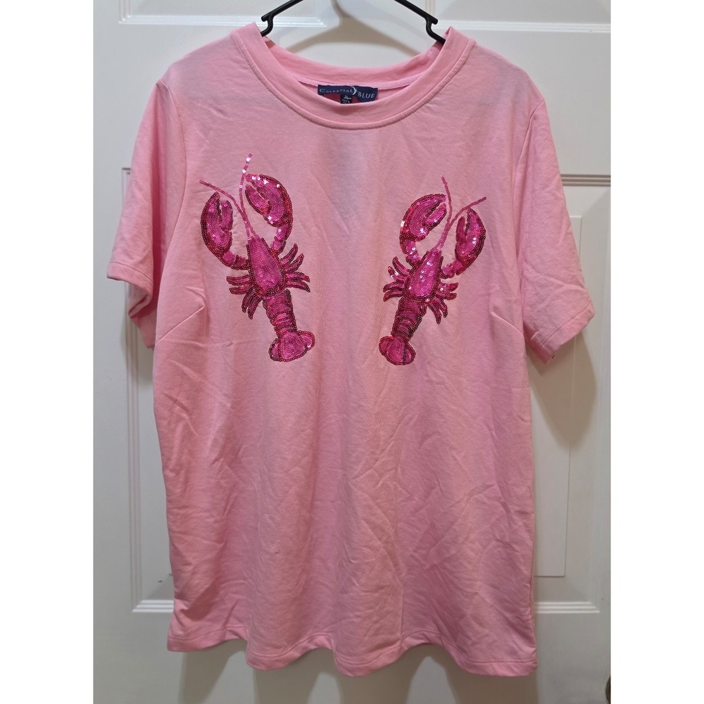 NWT Celestial Blue Pink Sequin Lobster Short Sleeve Knit Tee Top - Plus Size 1X